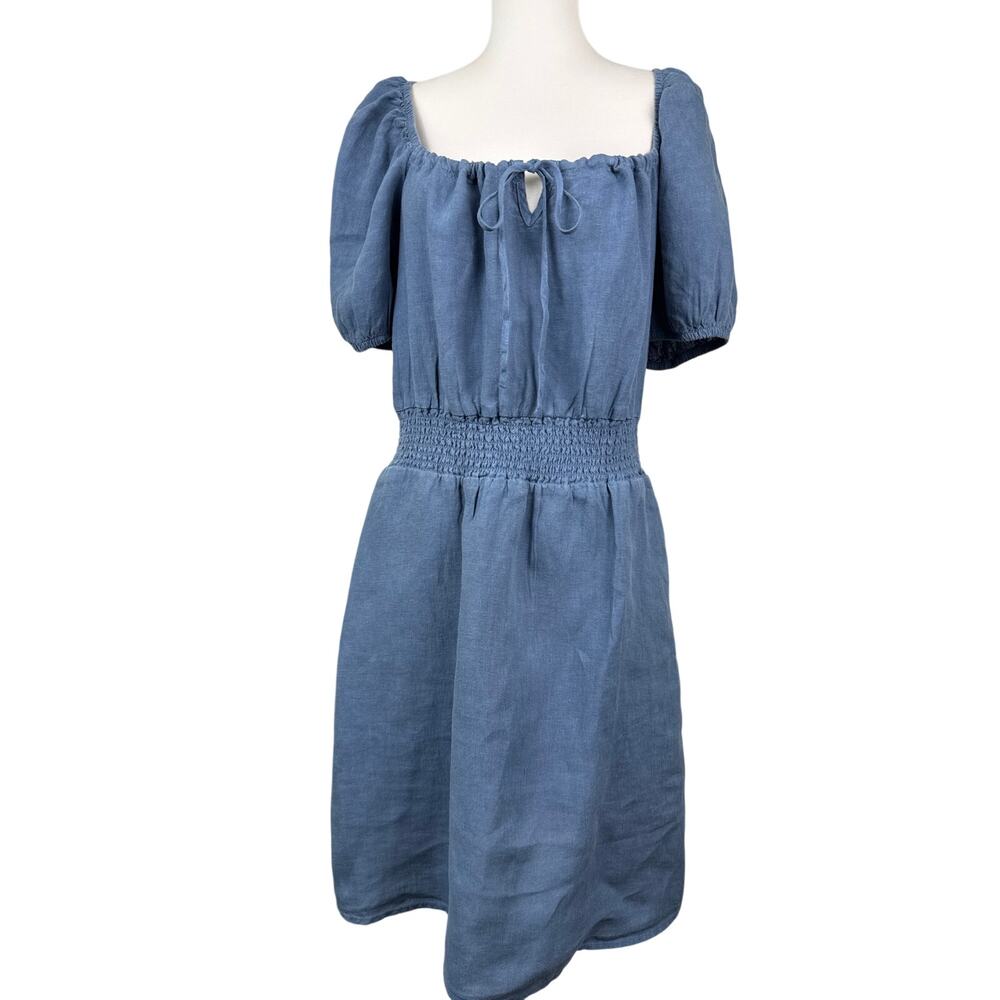 Cloth & Stone Linen Tie Front Dress M Blue Peasant Mini Pockets Anthro - Picture 3 of 8